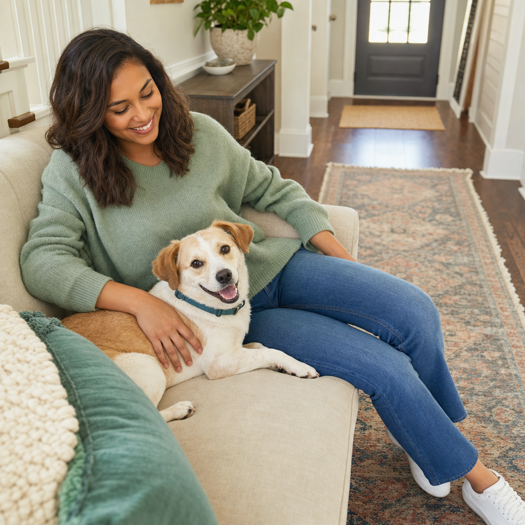 Relaxed owner and small dog sharing a quiet moment in a tidy home