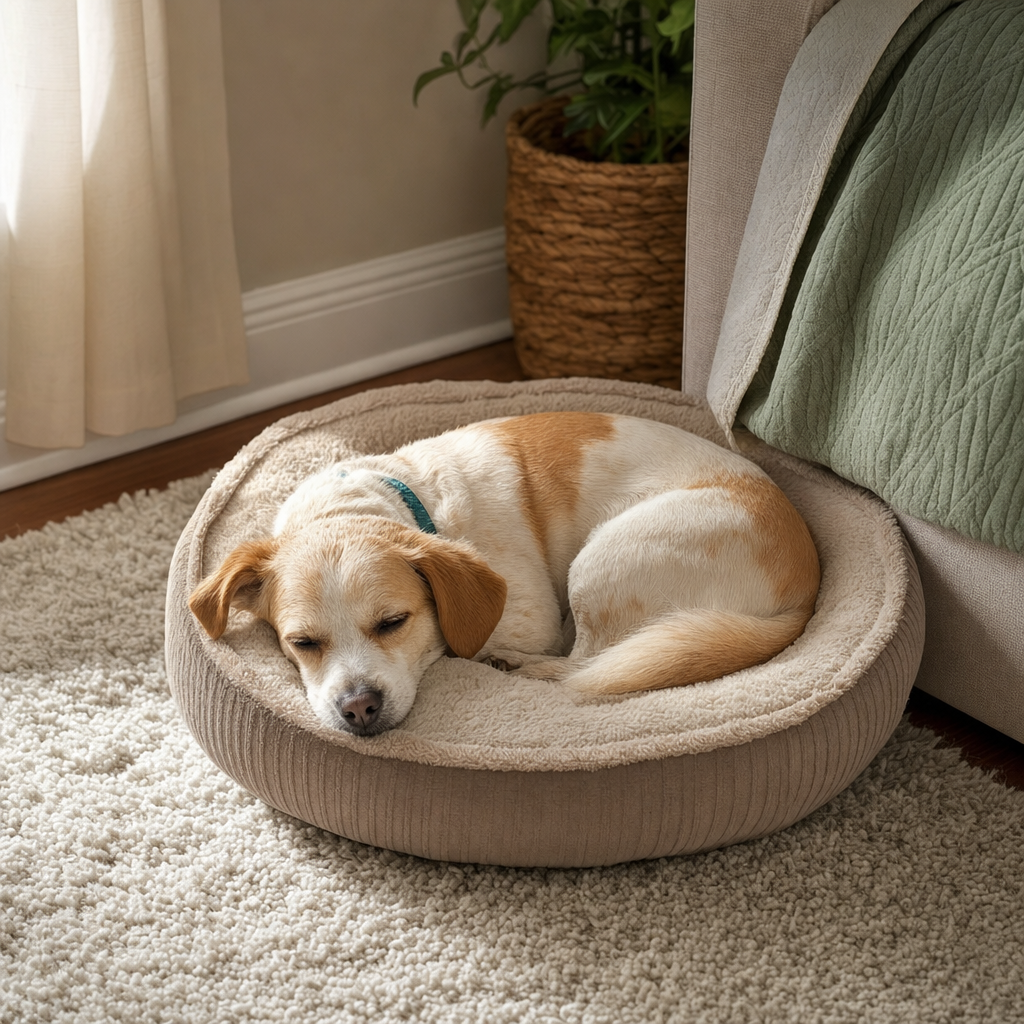 Cozy carpeted bedroom corner with a washable pet bed in soft daylight
