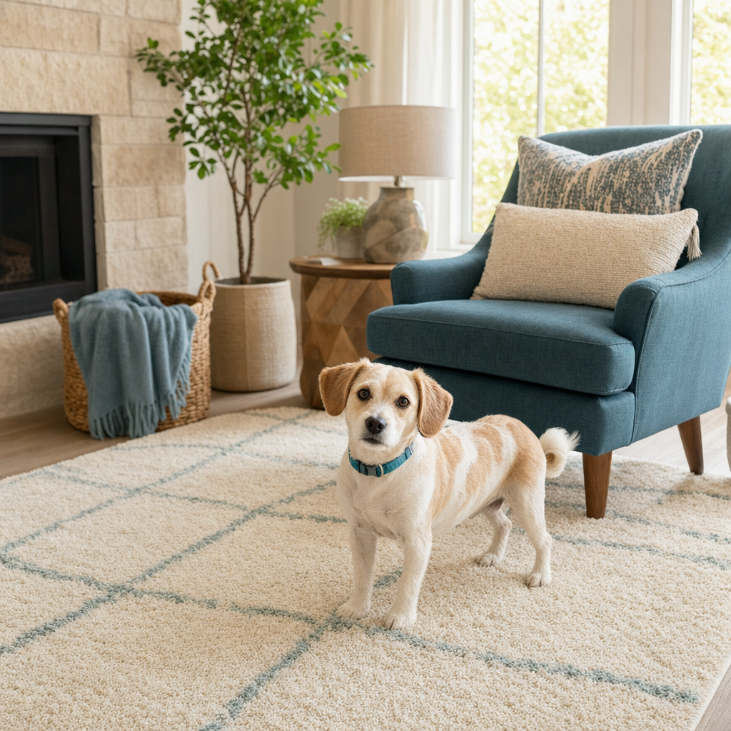 Bright living room with an area rug and cozy upholstered seating