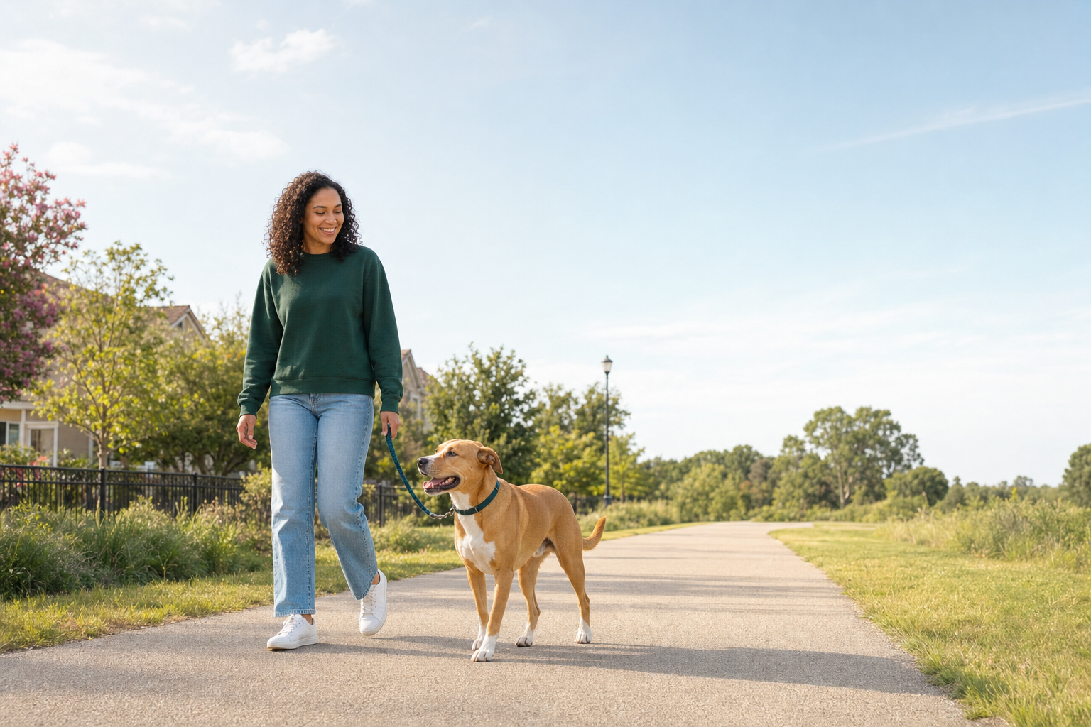 Owner walking a happy golden-tan dog in a sunny neighborhood green space
