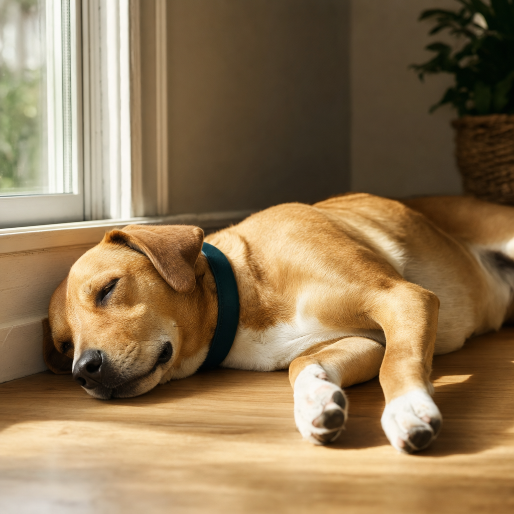 Relaxed dog wearing a plain collar lounging near a sunlit window