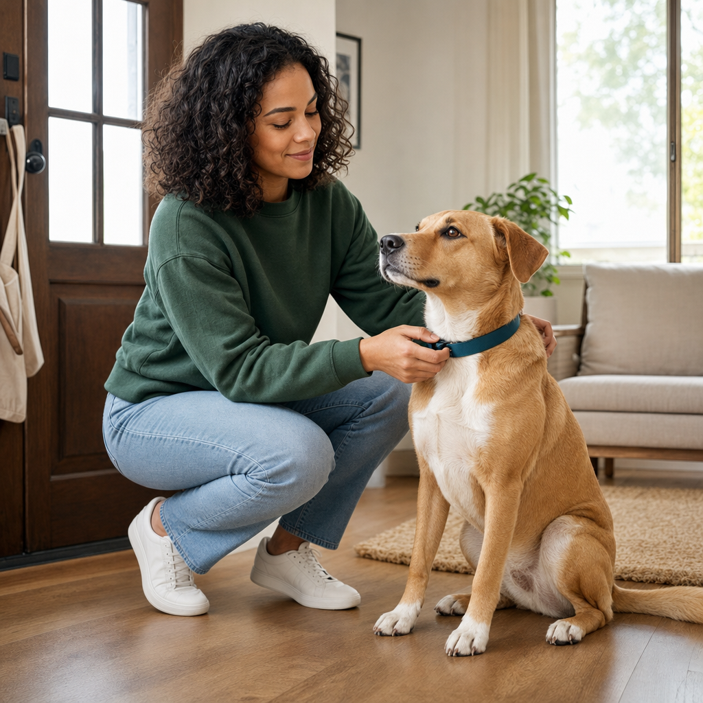 Owner fastening a plain collar on a relaxed dog at home before a walk