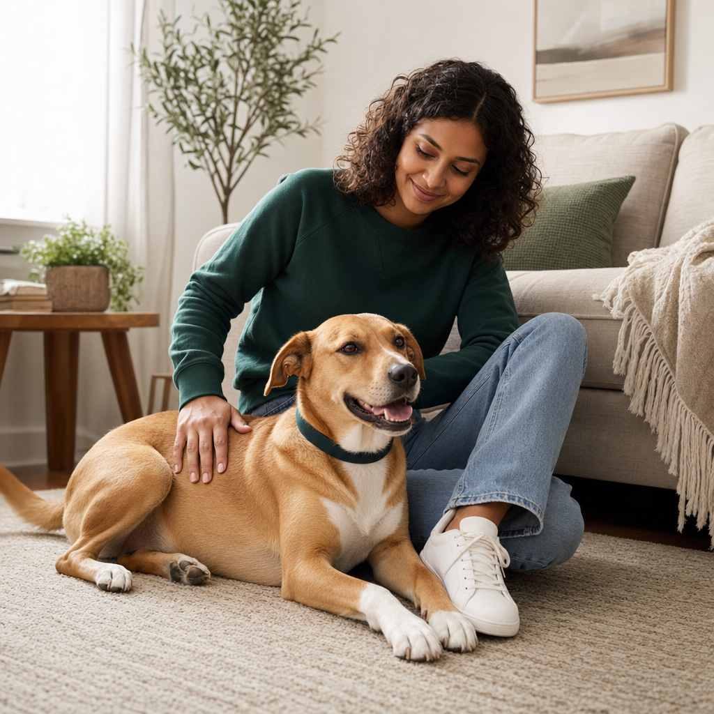 Golden-tan dog resting comfortably beside its owner in a tidy living room