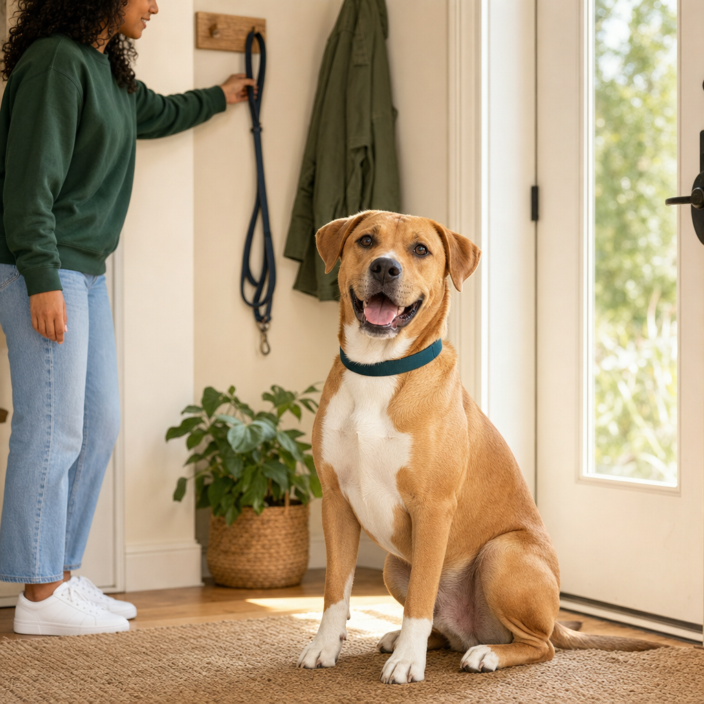 Medium golden-tan dog standing ready by the front door for a walk