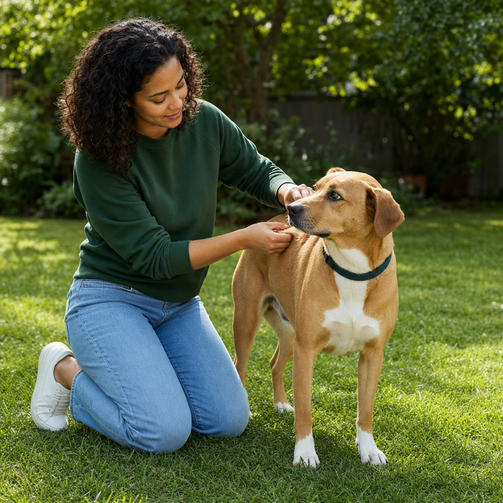 Owner gently checking a dog's coat on a calm backyard afternoon