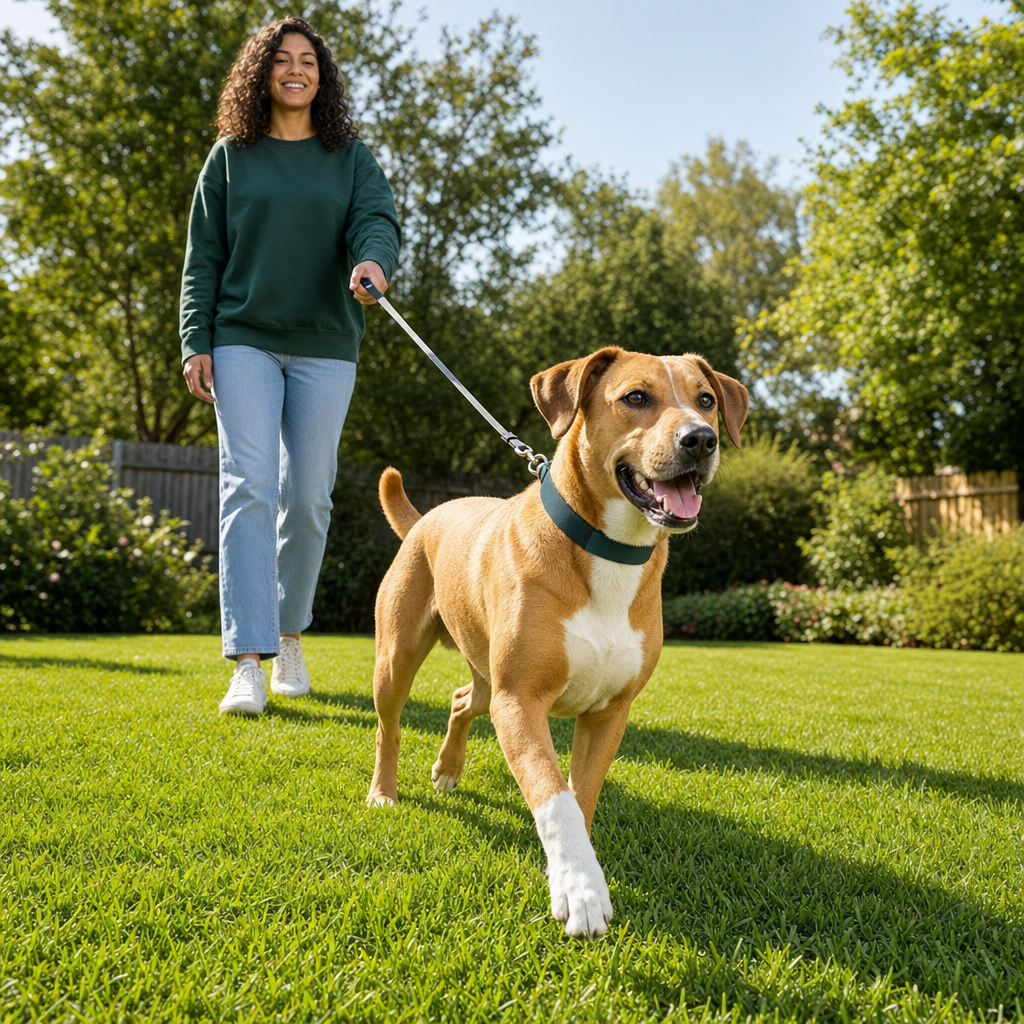 Owner and dog on a calm neighborhood walk in soft daylight