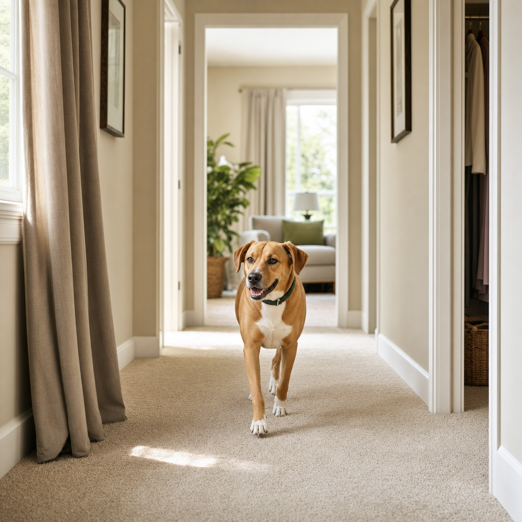 Sunlit carpeted hallway with drapes and a cozy pet corner