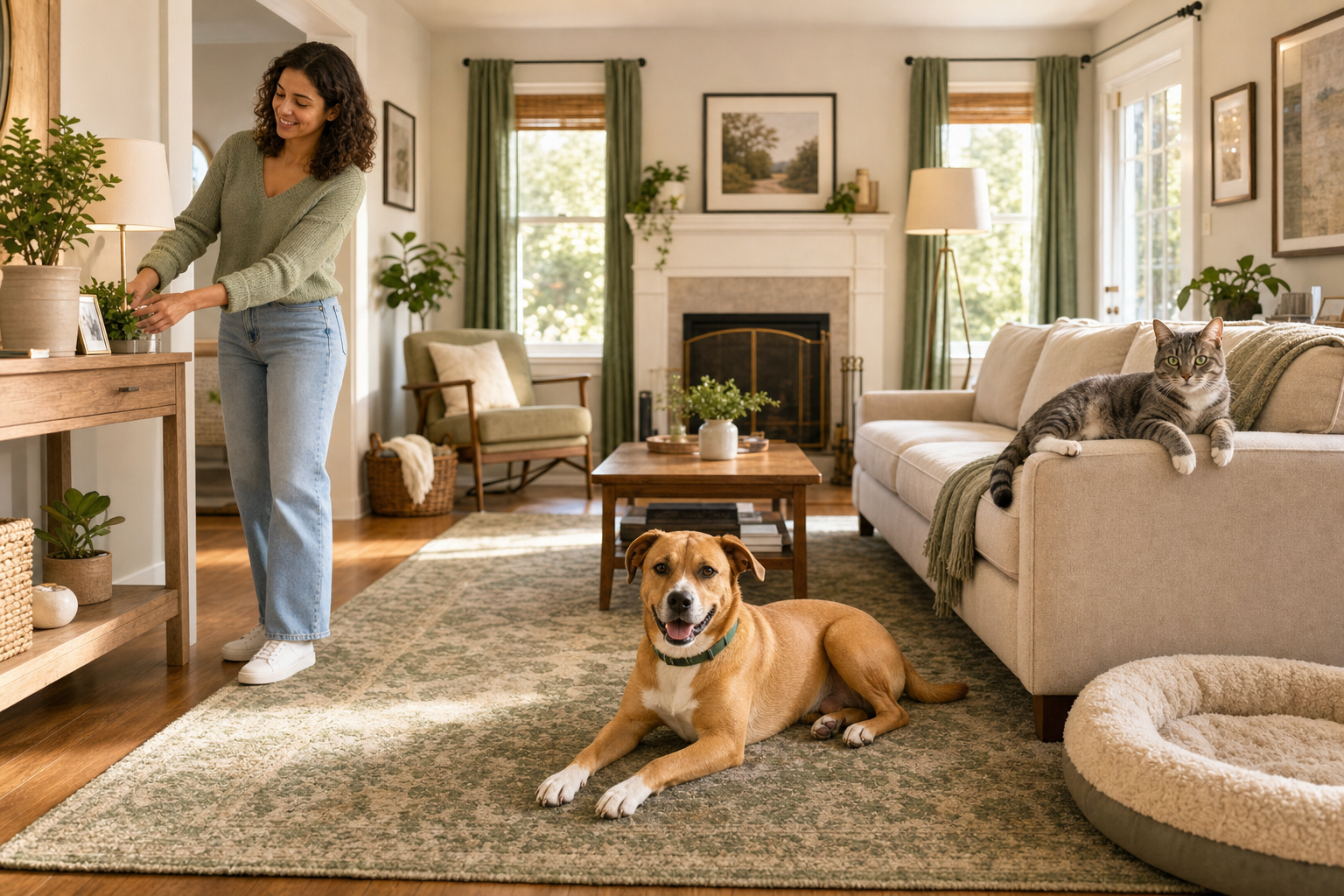 Warm, tidy living room with a dog and cat resting near a carpeted area and pet bedding