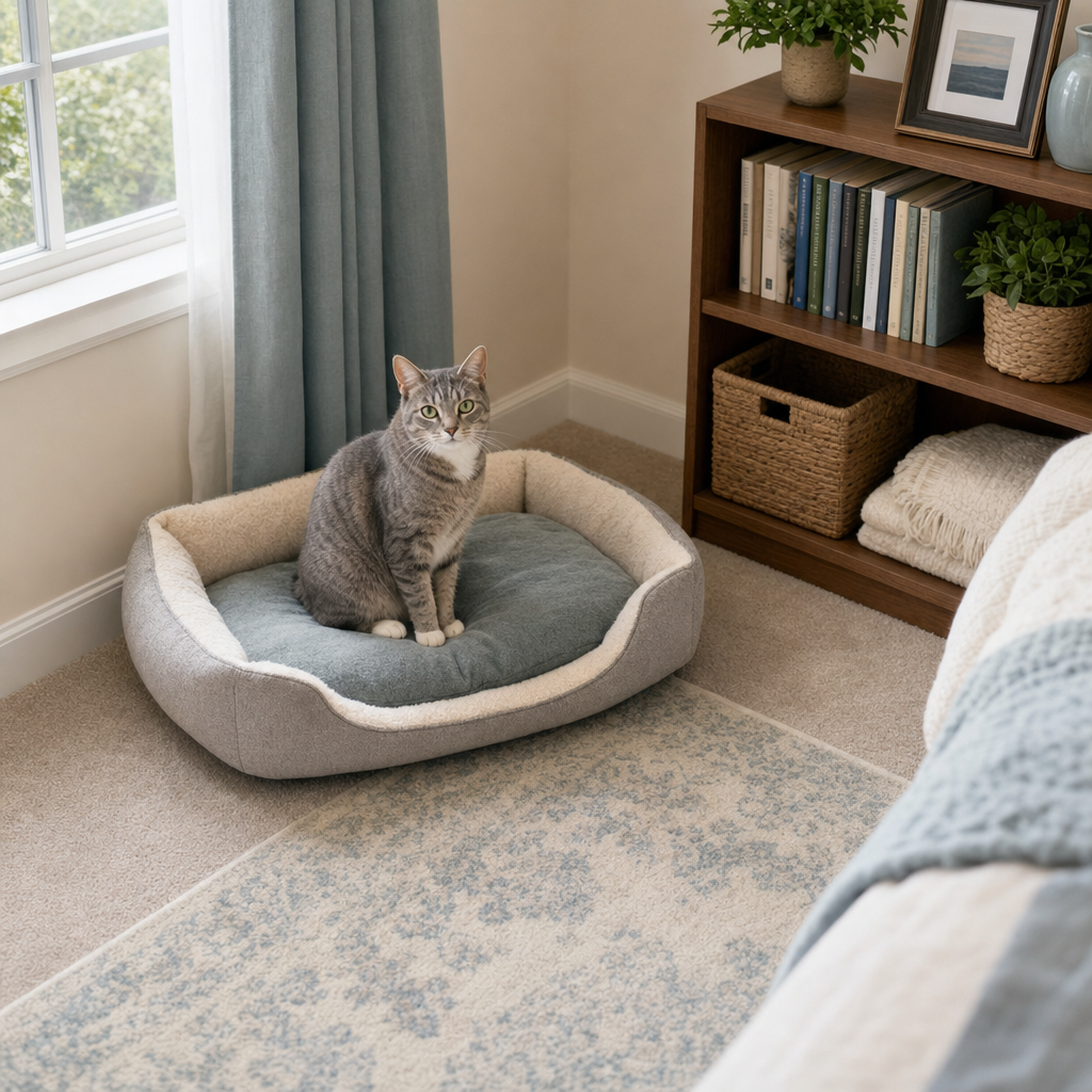 Fresh, orderly pet bedding nook beside a sunlit carpeted corner