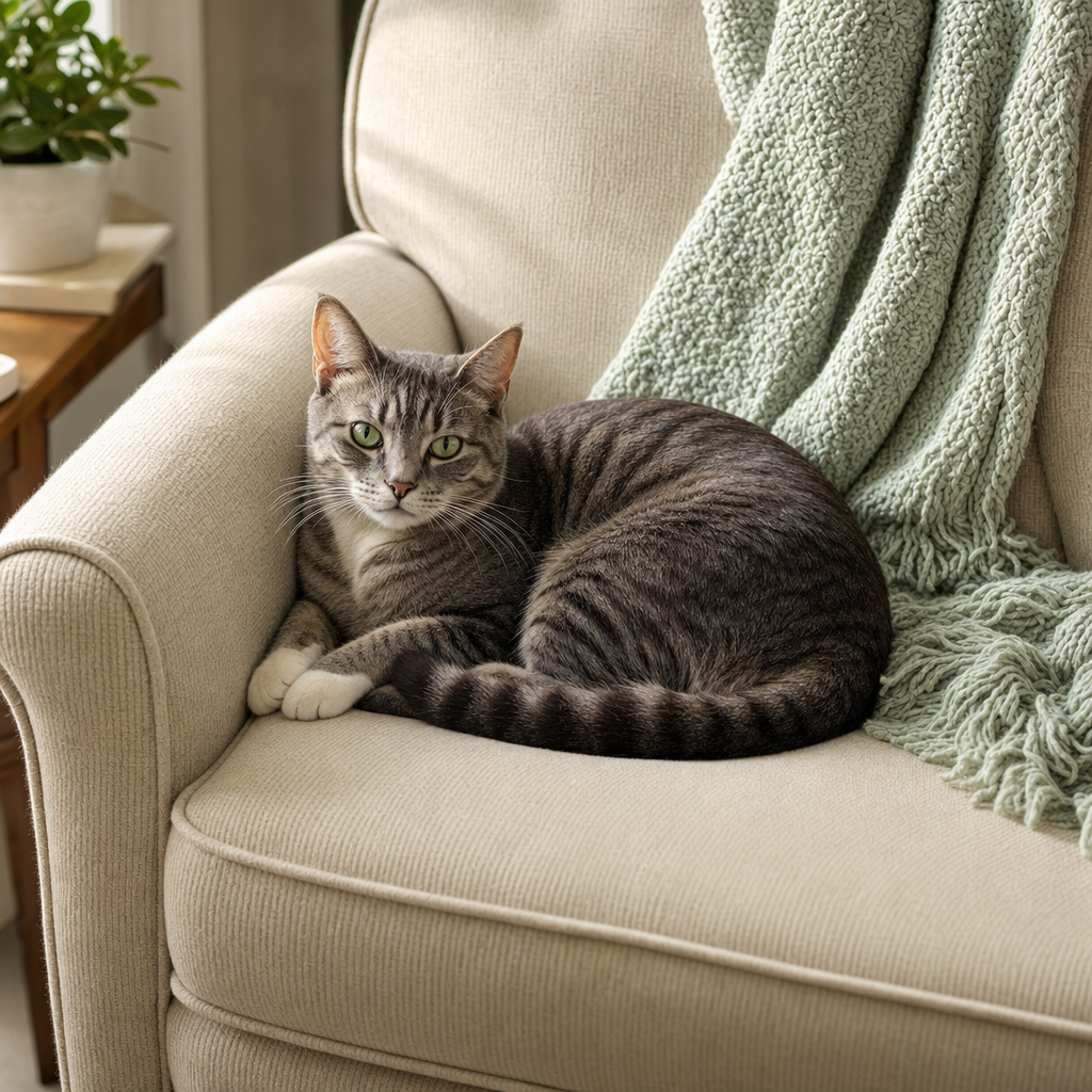 Silver tabby cat curled on an upholstered chair in a calm living room