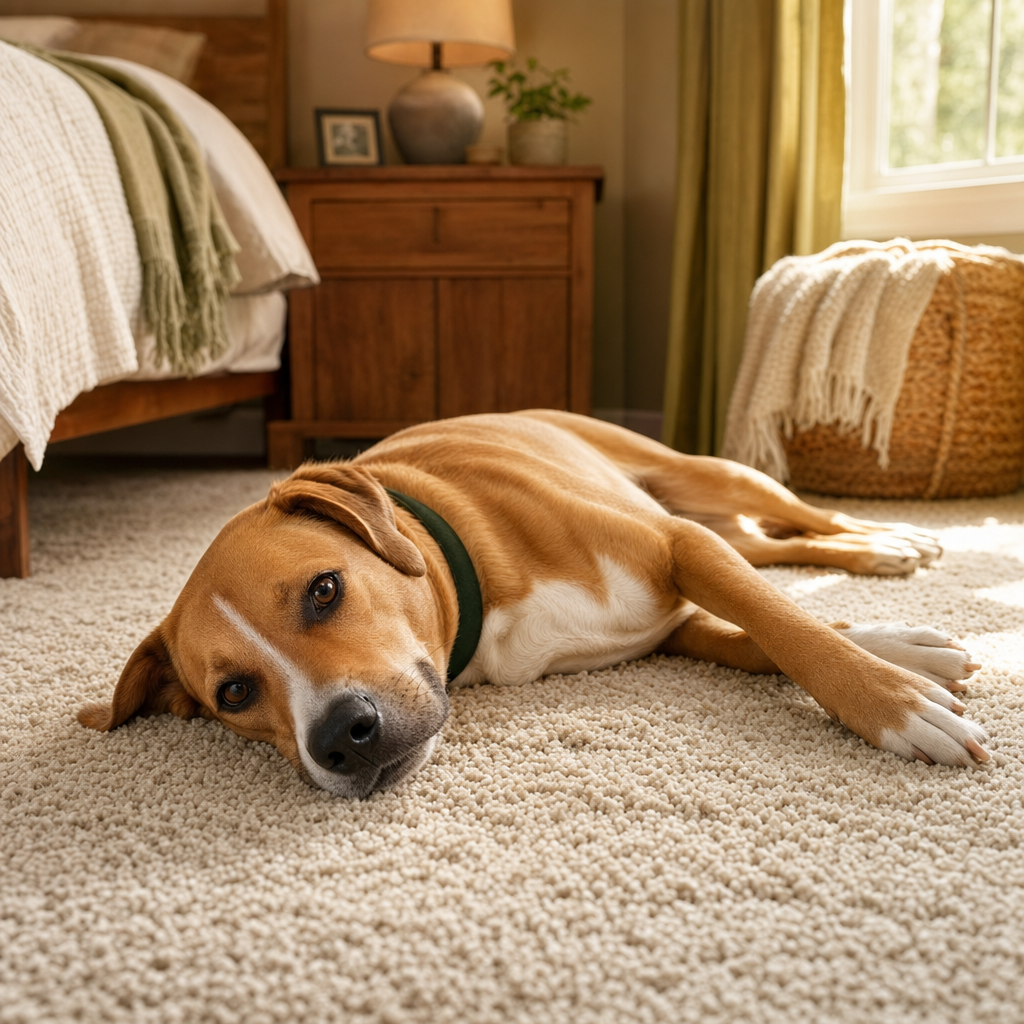 Tan mixed-breed dog resting on a carpeted floor in warm daylight