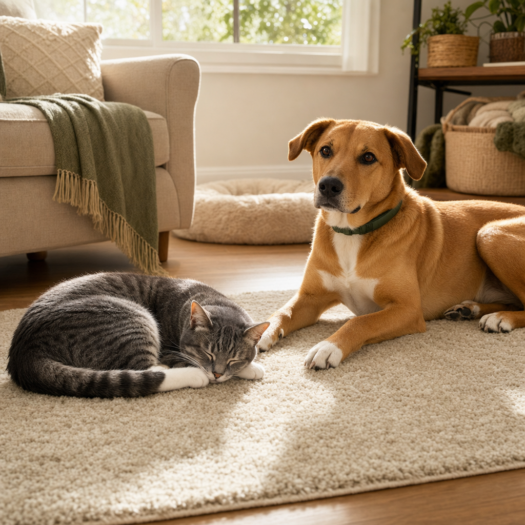 Cat and dog relaxing together on a rug in a bright, tidy living room