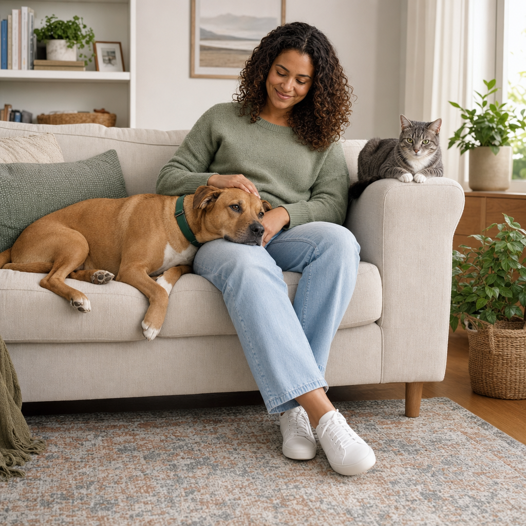 Owner tidying a carpeted living room while a dog rests nearby
