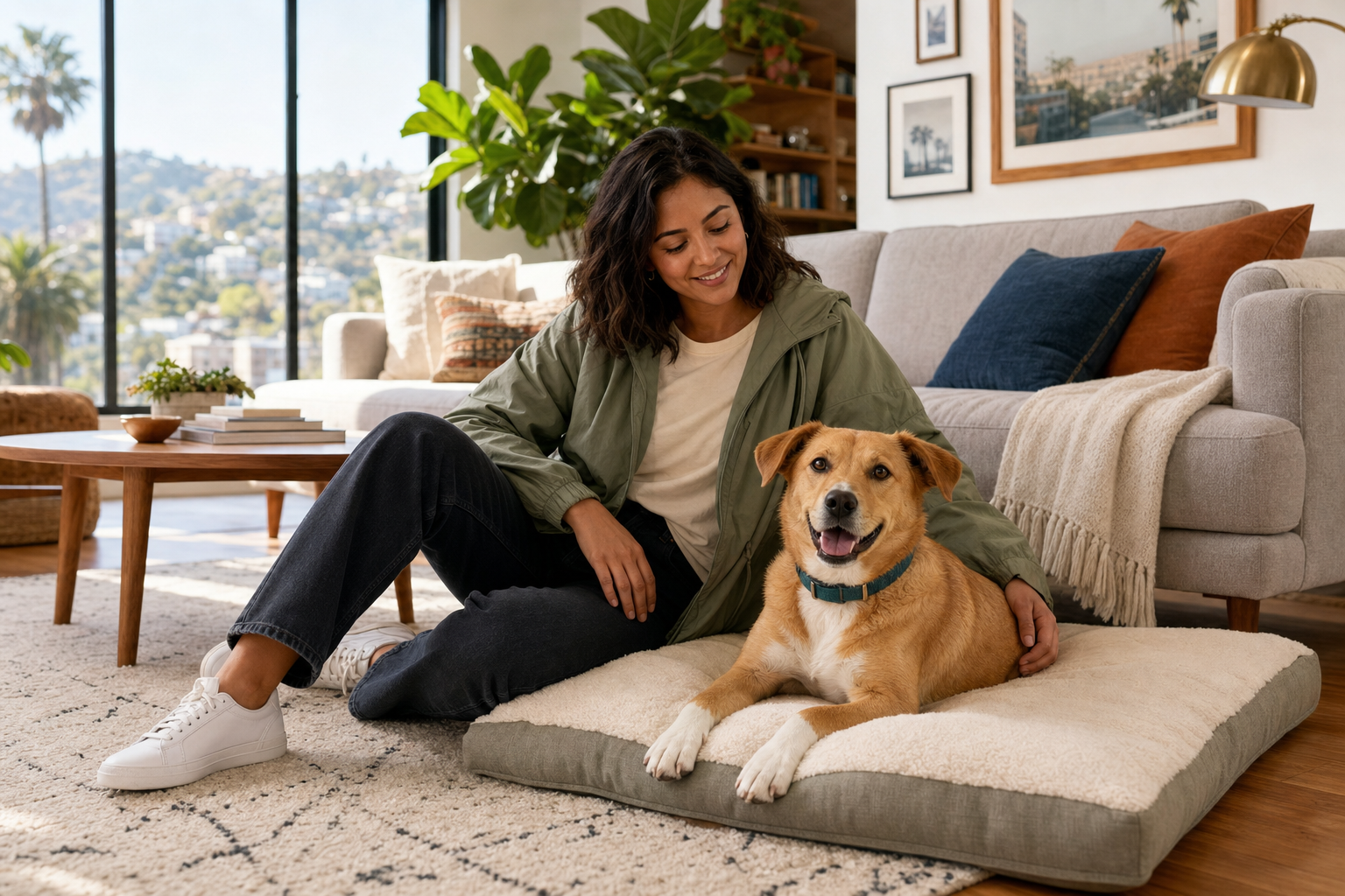 Woman and her golden-tan mixed-breed dog relaxing together in a warm, sunlit West Coast home