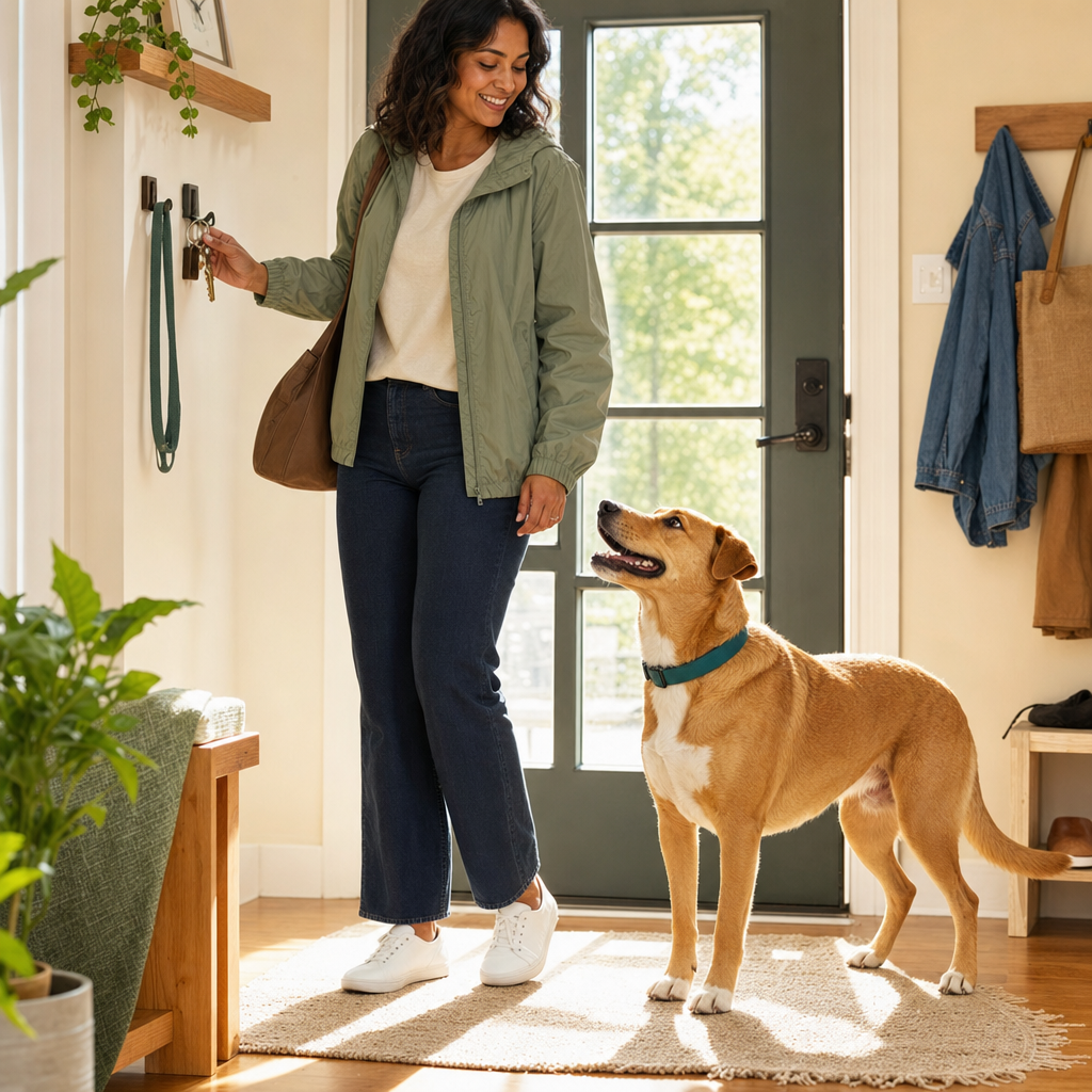 Owner and dog relaxing together in a sunlit apartment entryway