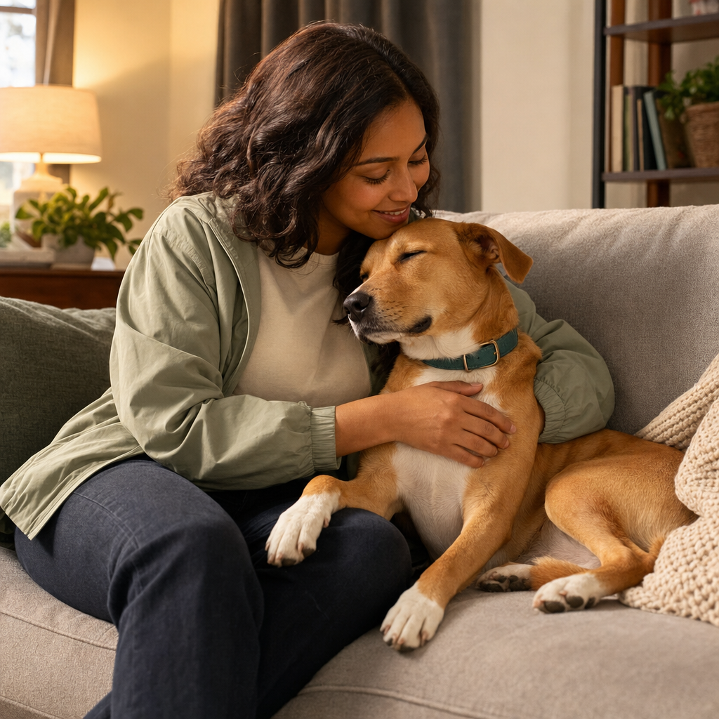 Dog lying contentedly beside its owner on a couch in warm natural light