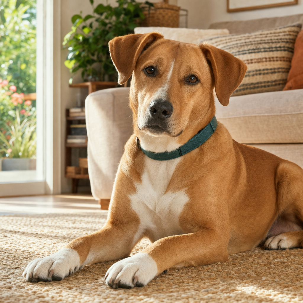 Golden-tan mixed-breed dog resting calmly on a rug in a sunlit living room