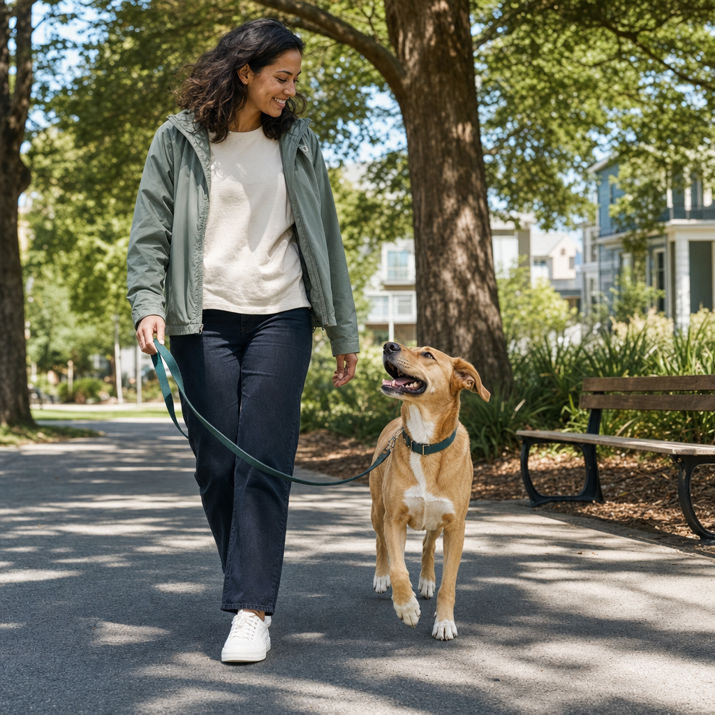 Woman and her golden-tan mixed-breed dog walking a sunlit neighborhood park path