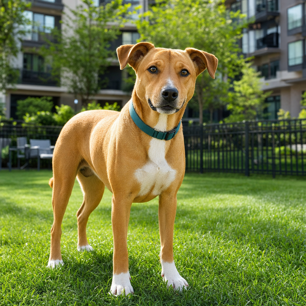 Golden-tan mixed-breed dog standing alert in a shared green courtyard