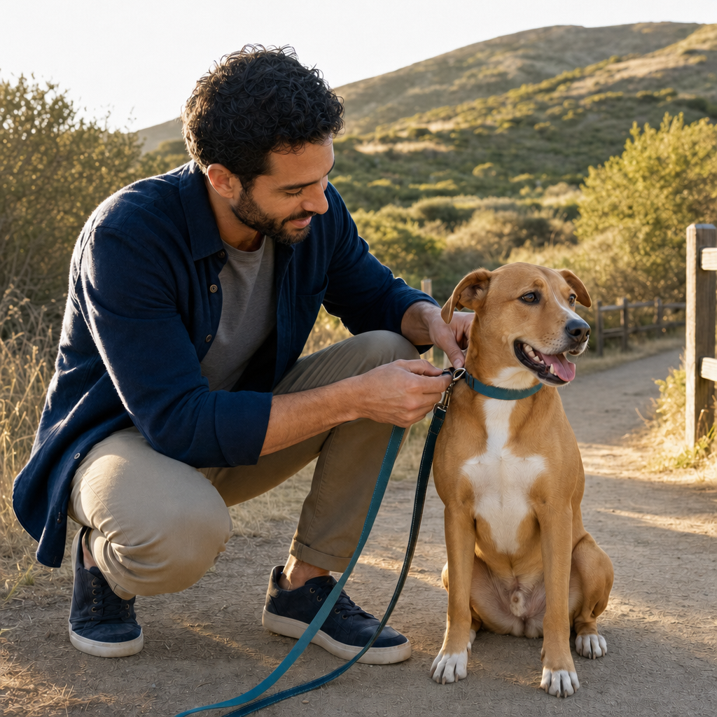 Man kneeling beside his dog at a trailhead on a bright West Coast morning