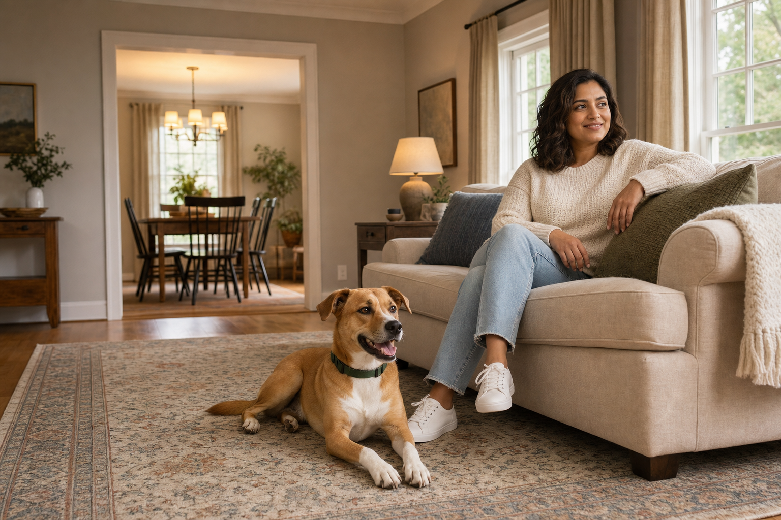 Warm, tidy living room with a family dog resting on a clean rug near upholstered furniture