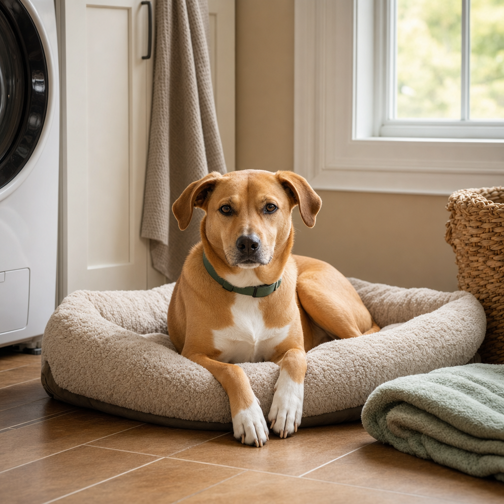 Calm bedroom corner with a cozy pet bed near a window