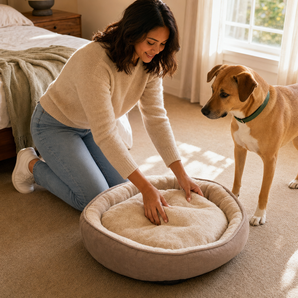Caregiver tidying a cozy pet bedding area in a bright bedroom
