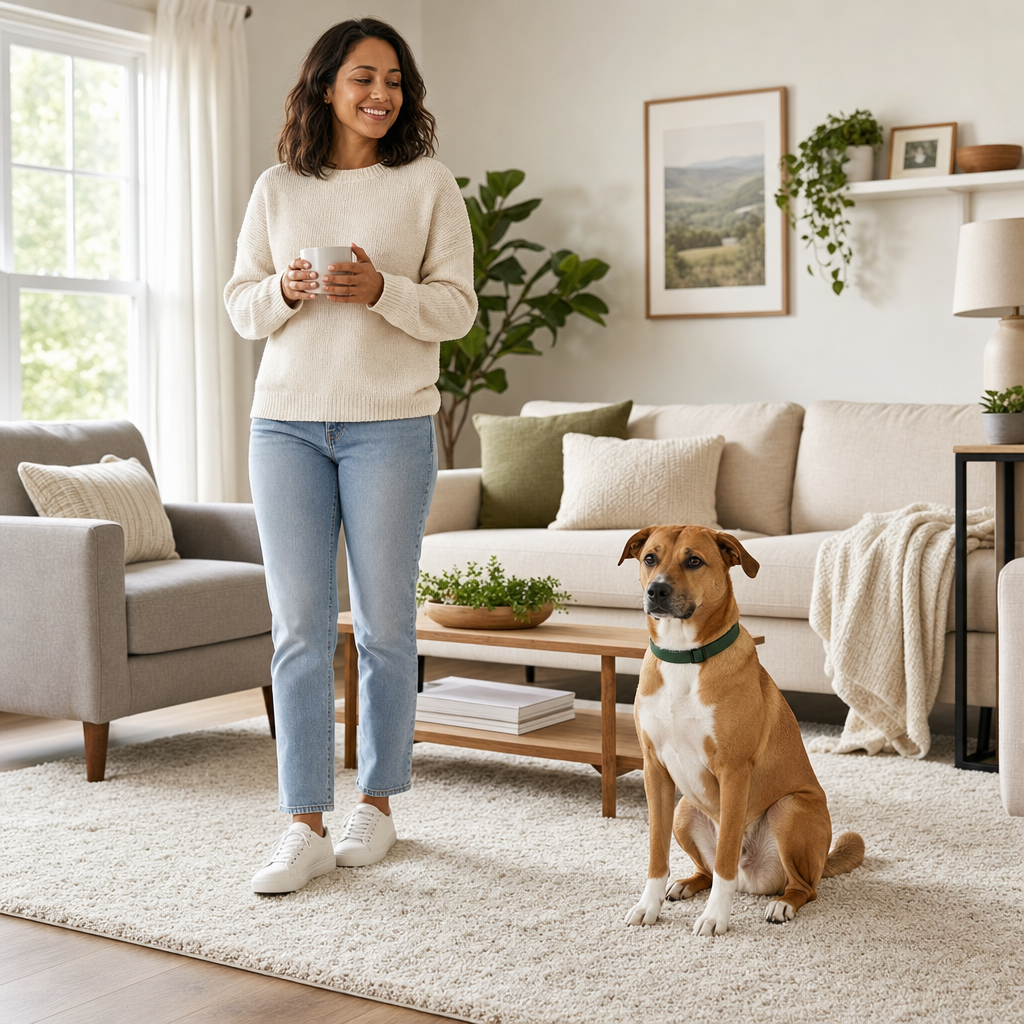Clean carpet edge and baseboard detail in a bright hallway