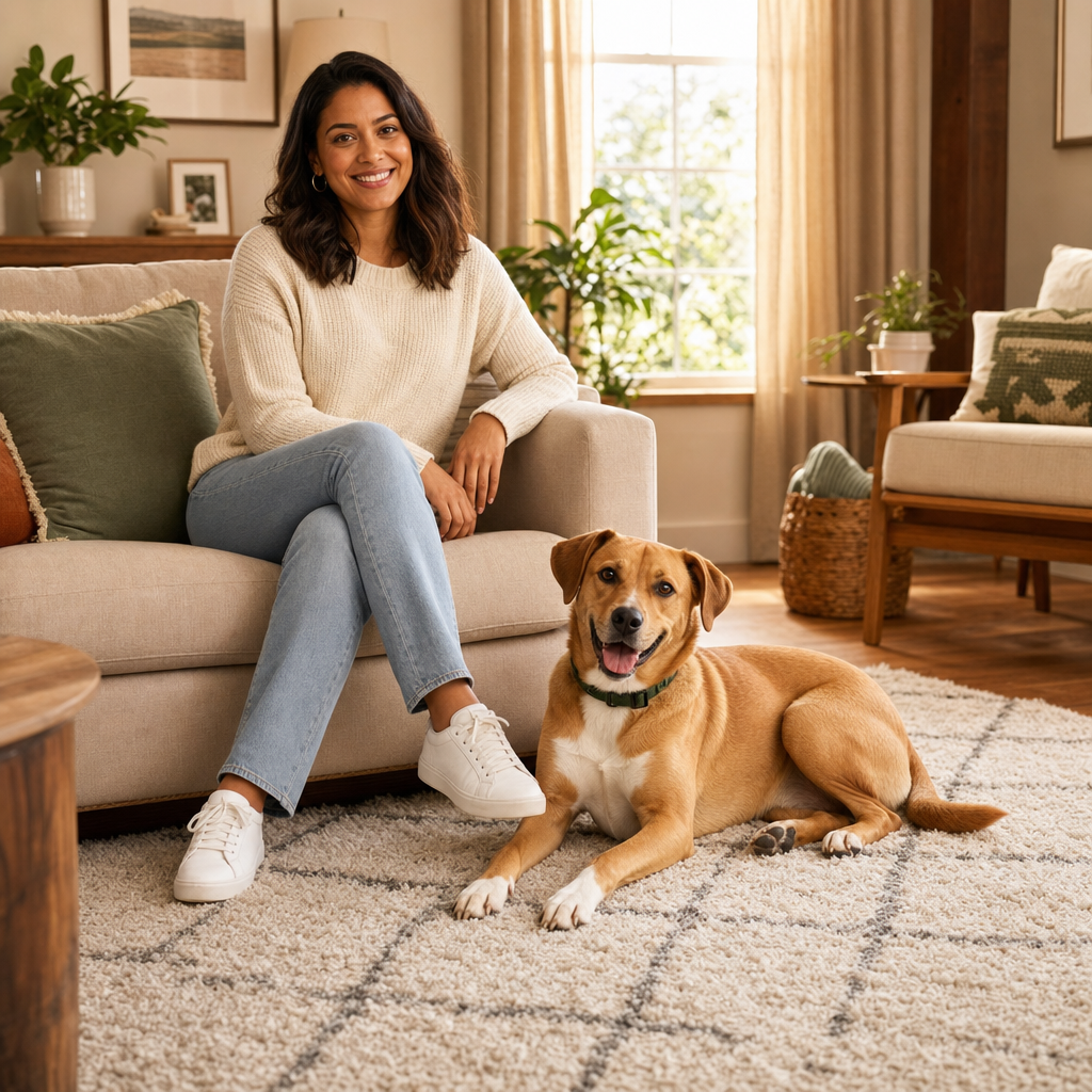 Warm living room with a family dog resting near an area rug