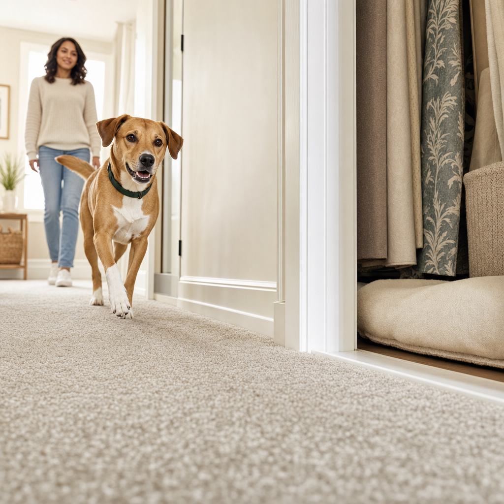 Bright, tidy home hallway with drapes and clean baseboards
