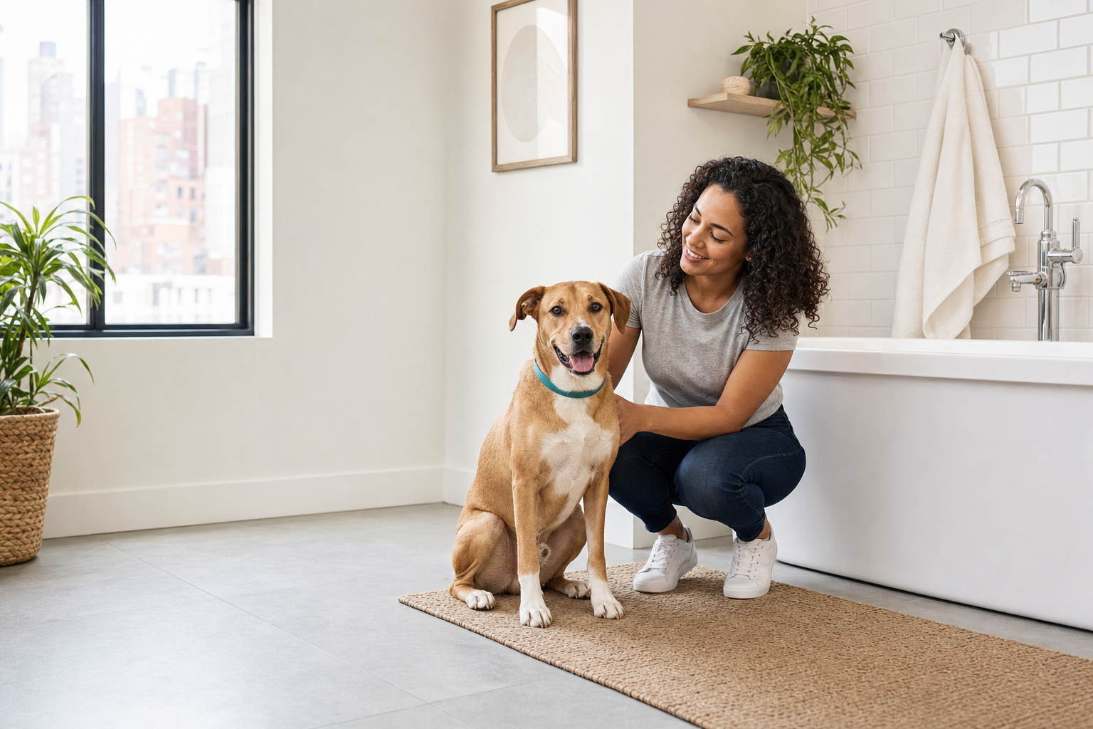 Woman bathing her calm tan dog in a bright, clean apartment bathroom with soft natural light