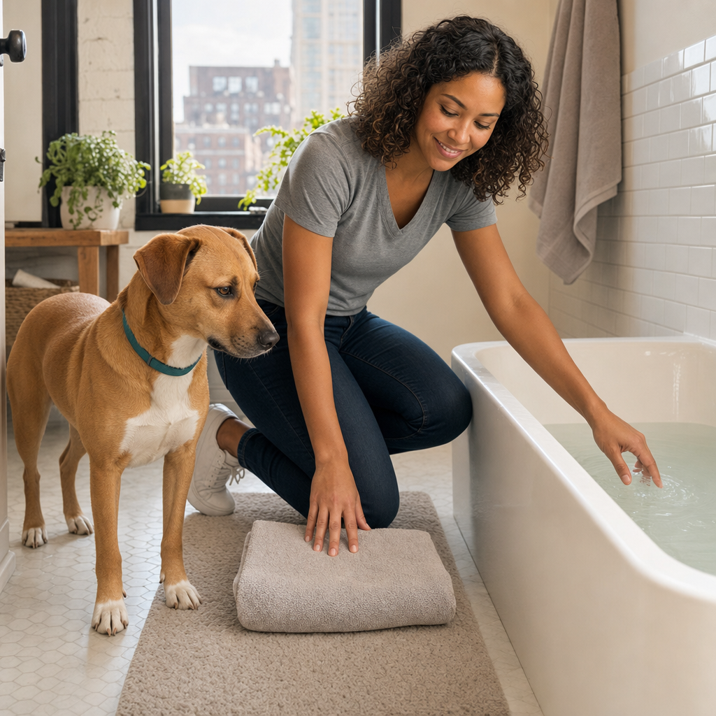 Woman kneeling beside her tan dog on a bath mat in a bright apartment bathroom