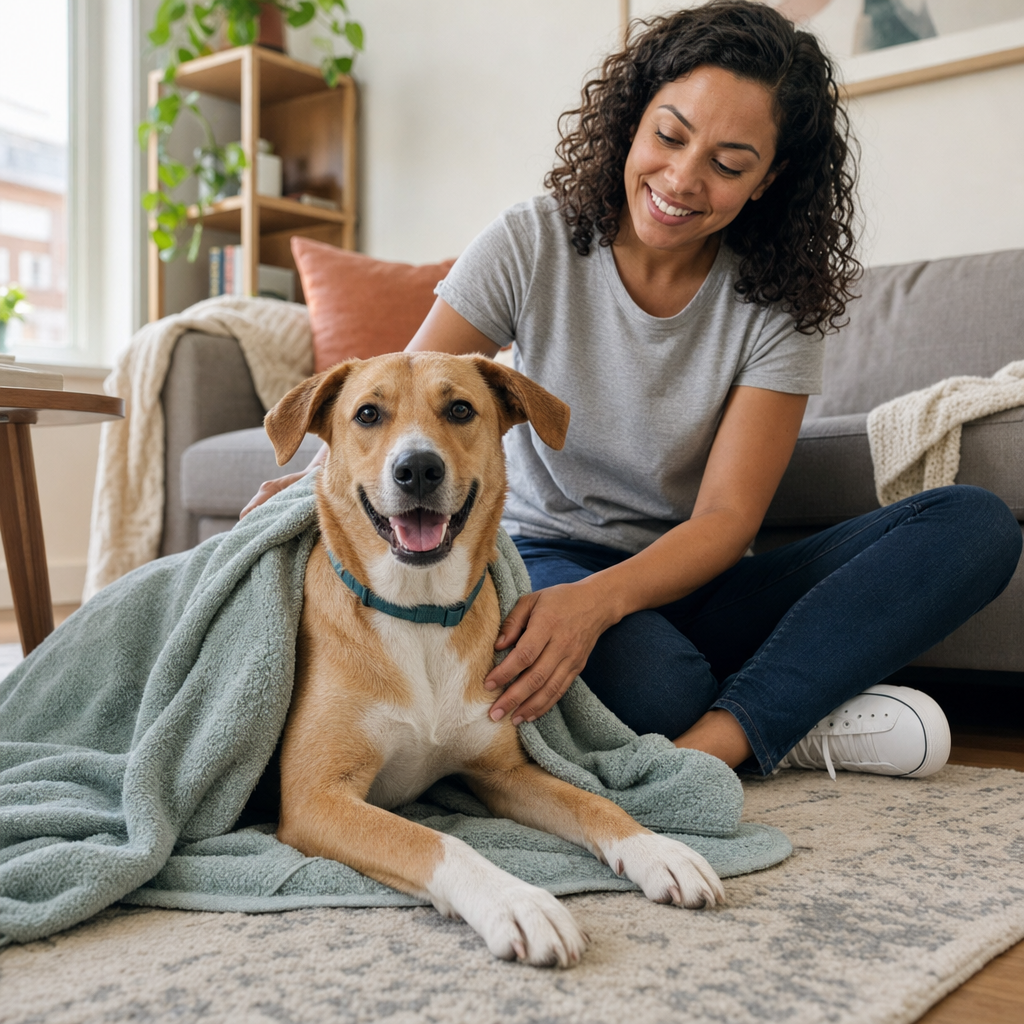 Freshly bathed tan dog wrapped in a towel resting in a tidy apartment living room