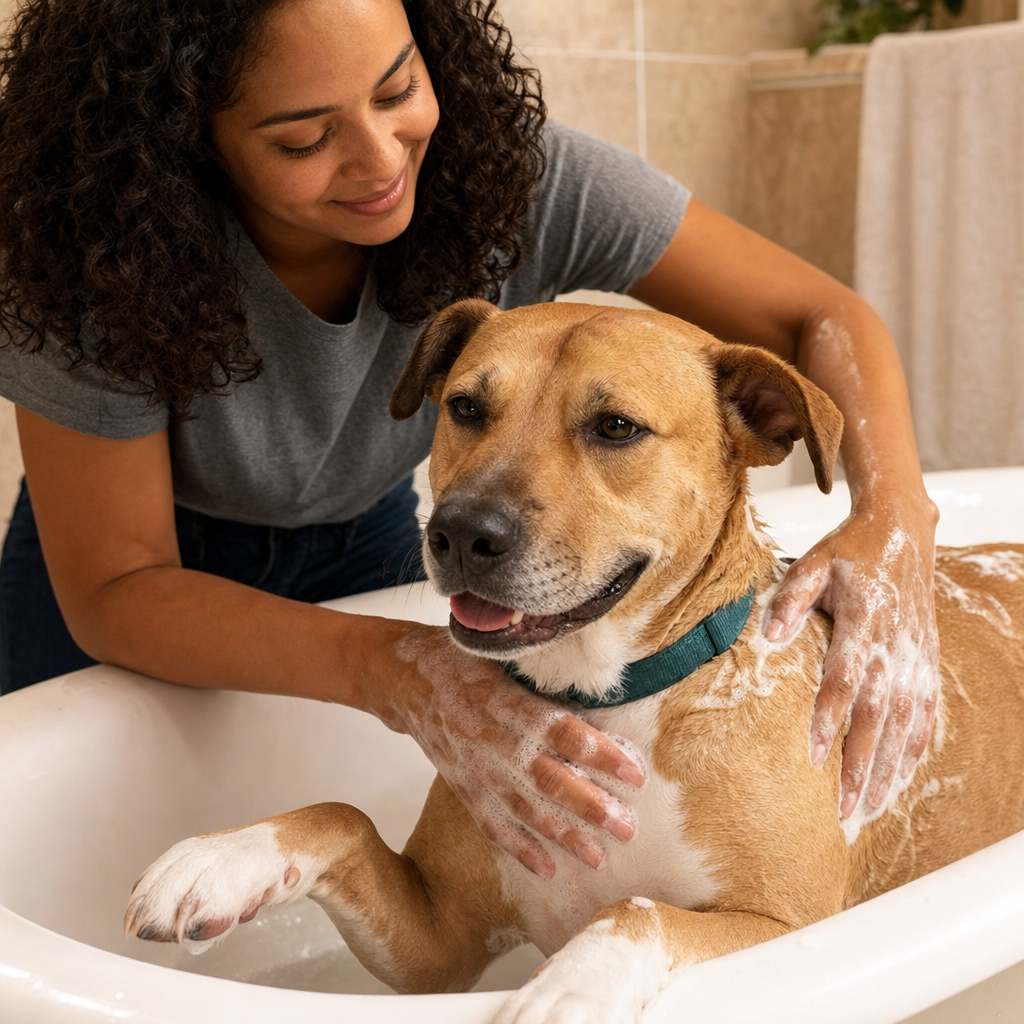 Close-up of hands gently lathering shampoo into a tan dog's coat during a bath