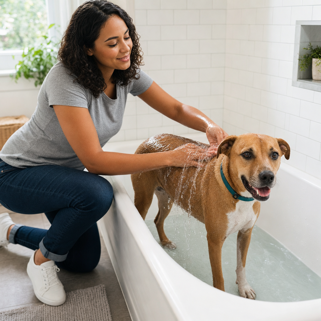 Woman bathing her tan dog in an apartment bathtub with warm running water