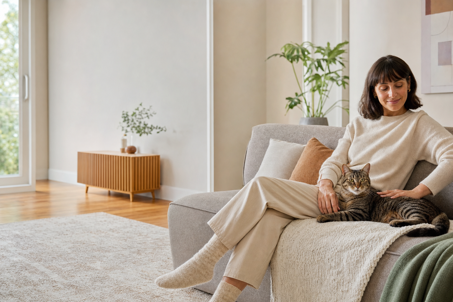Cat relaxing alone at home by a sunny window while its owner is away at work