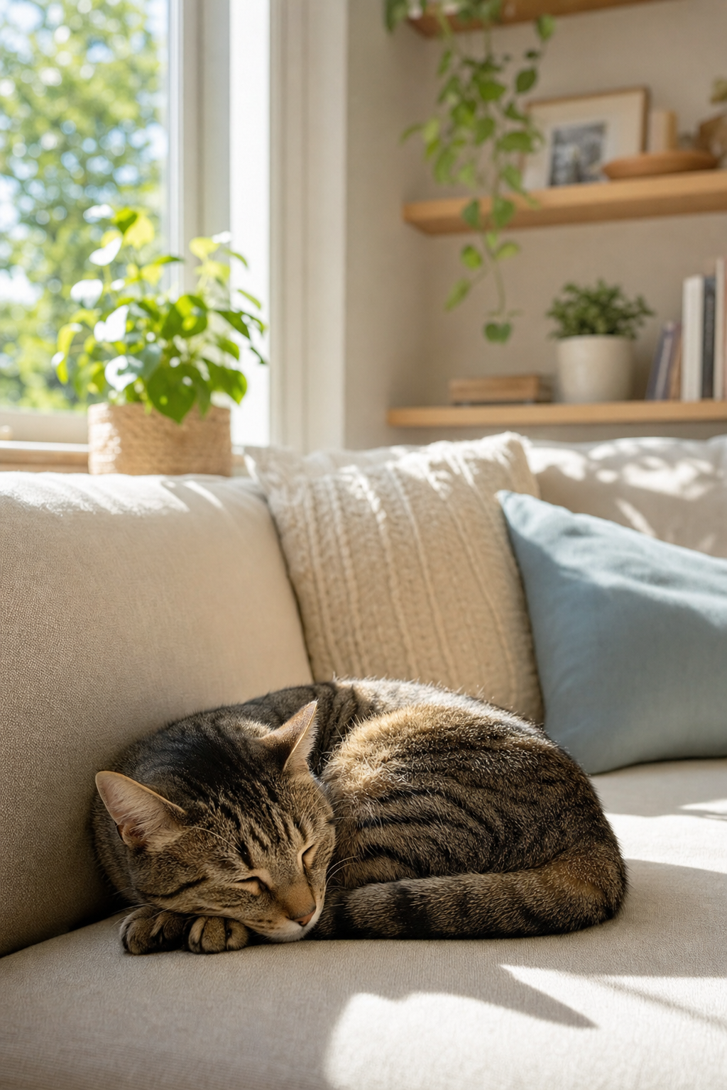 Cat resting calmly at home while owner is away at work