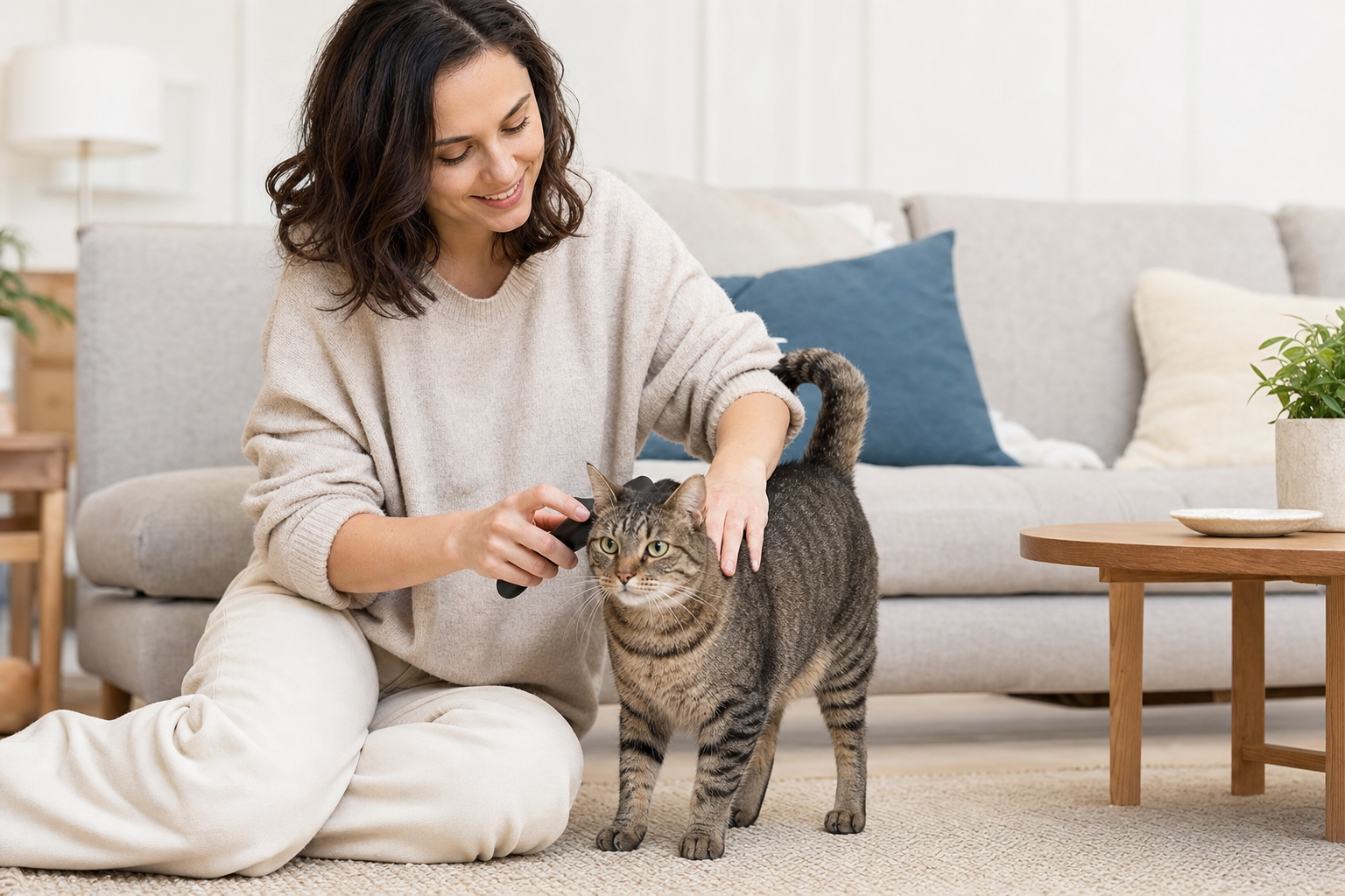 Owner gently brushing their calm adult cat in a clean living room