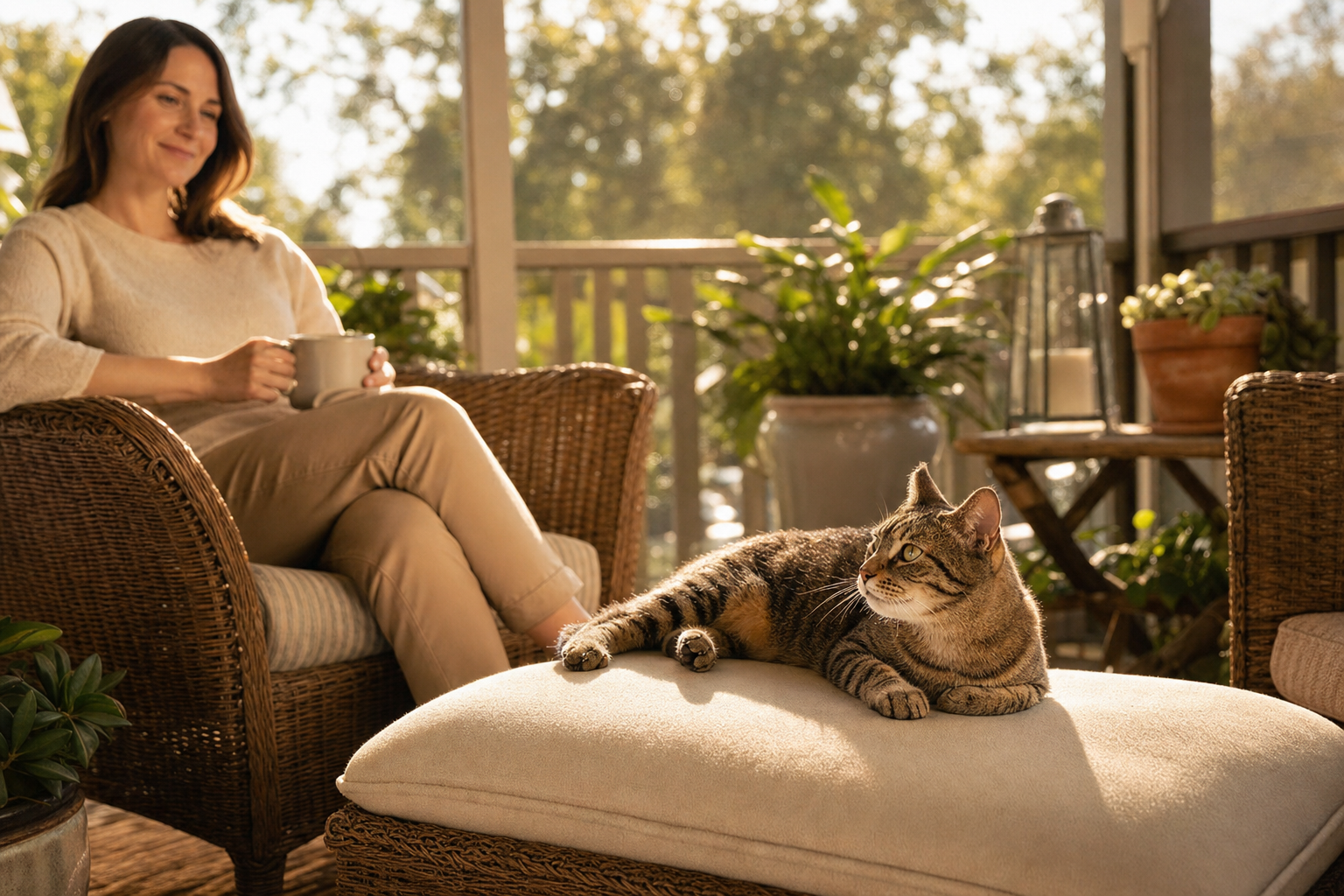 Adult cat lounging contentedly on a screened porch at golden hour with owner relaxed nearby