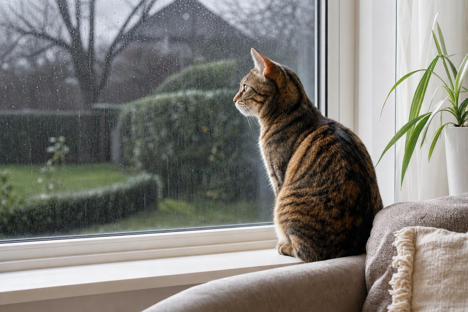 Calm adult cat perched at a sunlit window gazing at the garden while home alone