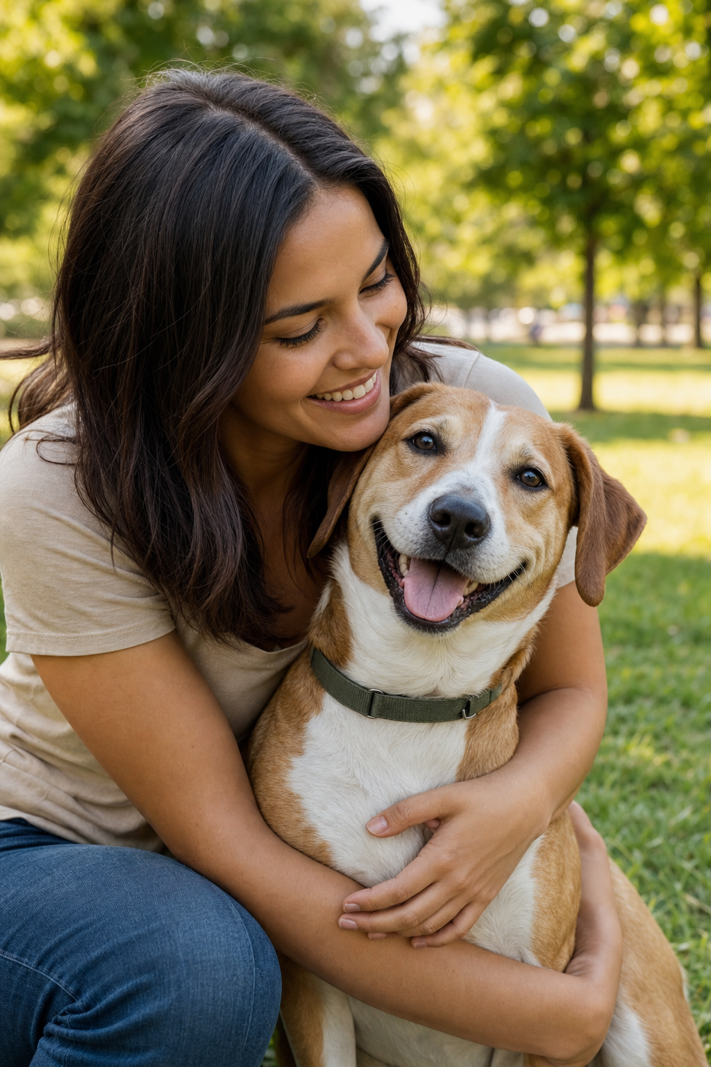 Smiling woman crouches to hug her tan-and-white dog in a sunny green park