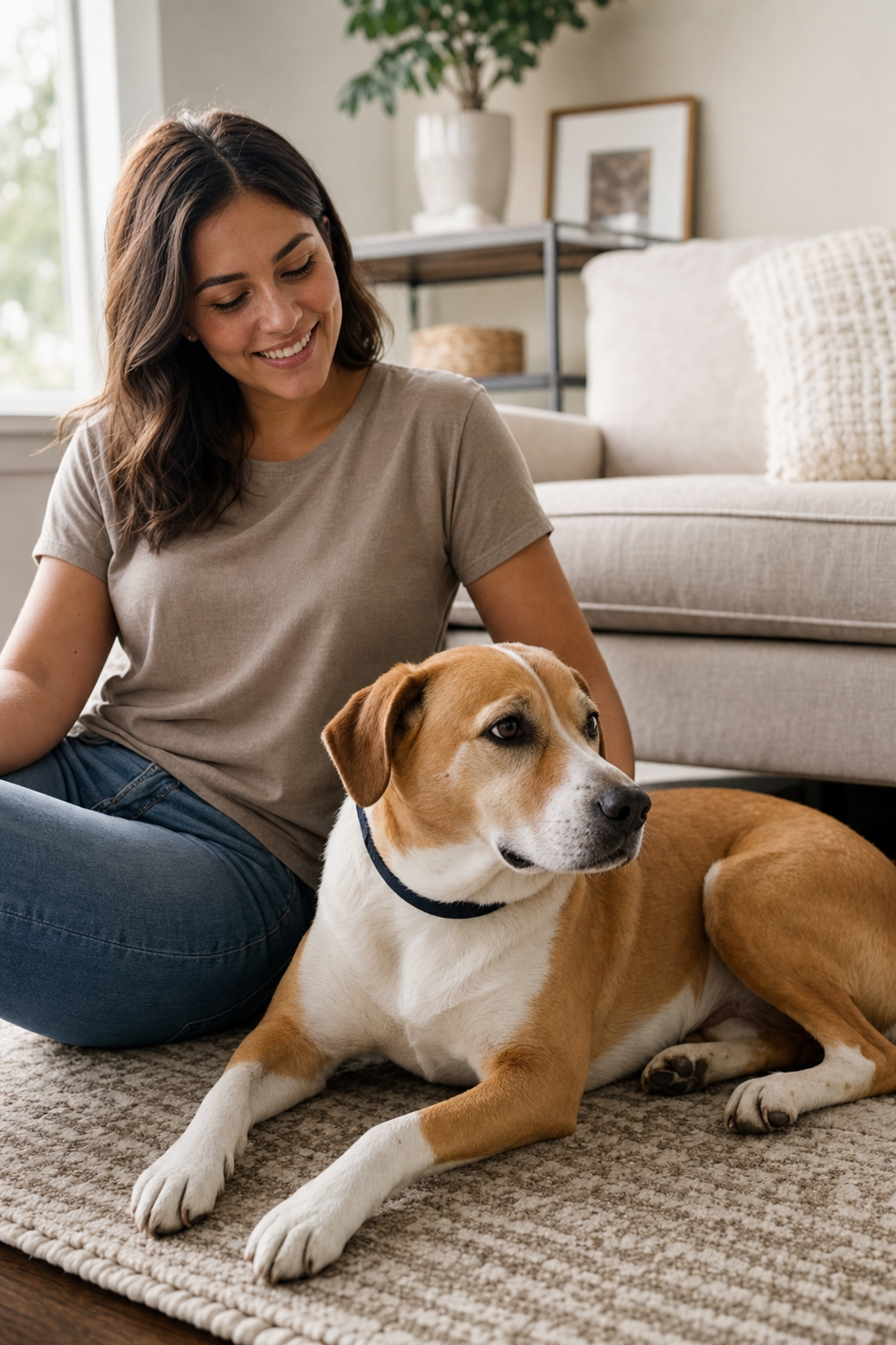 A tan-and-white medium-size dog lies relaxed on a rug beside a smiling seated woman in a bright living room.