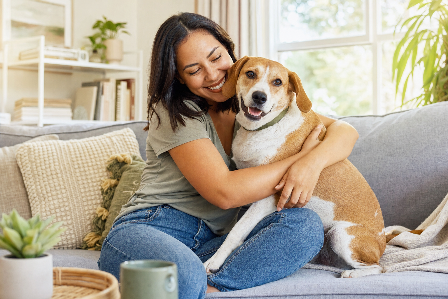 Woman in a green t-shirt smiles while hugging a tan-and-white dog on a sunlit living room couch.