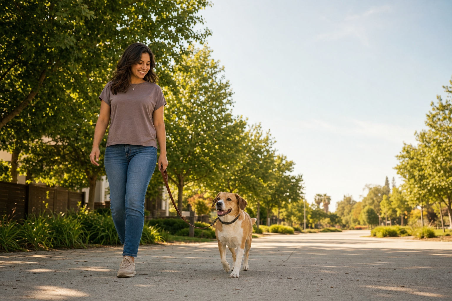 Woman walks a medium-size tan-and-white dog on a leash along a sunny, tree-lined neighborhood path.