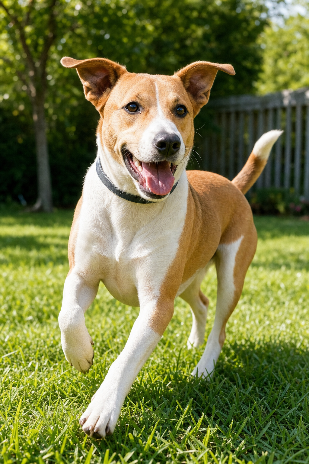 Tan-and-white medium dog trotting happily across a sunny green lawn with ears up and tongue out