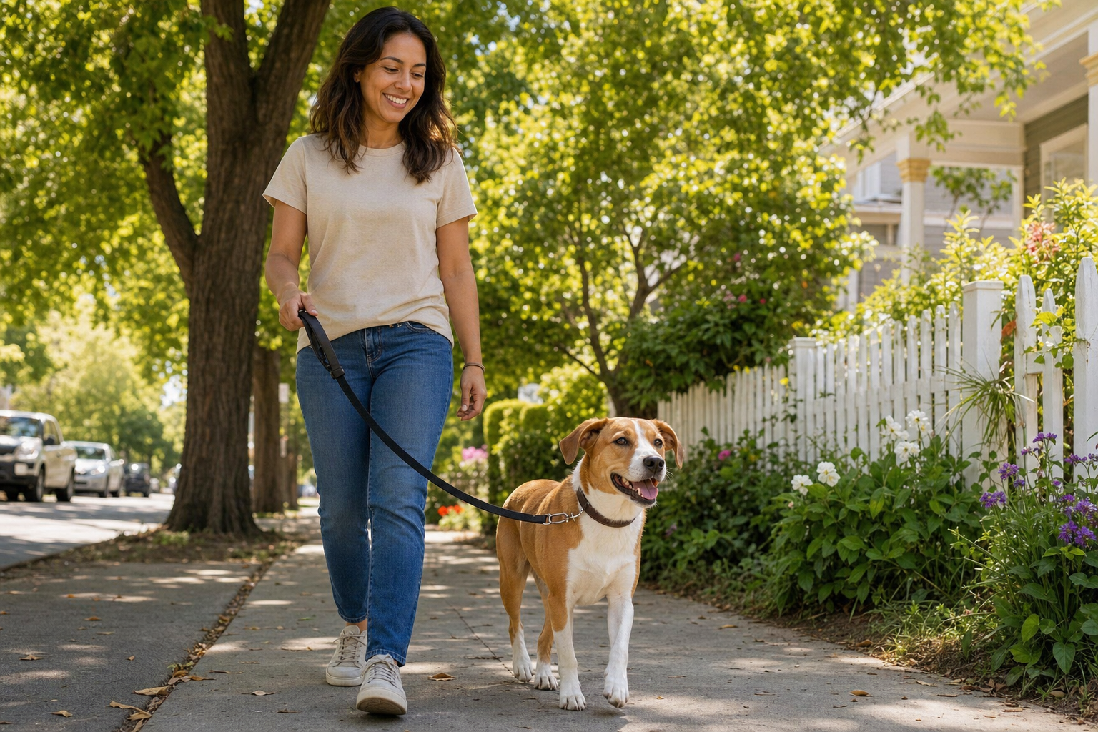 Woman in tan shirt and jeans smiles while walking a tan-and-white medium-size dog on a leash along a sunny, tree-lined s