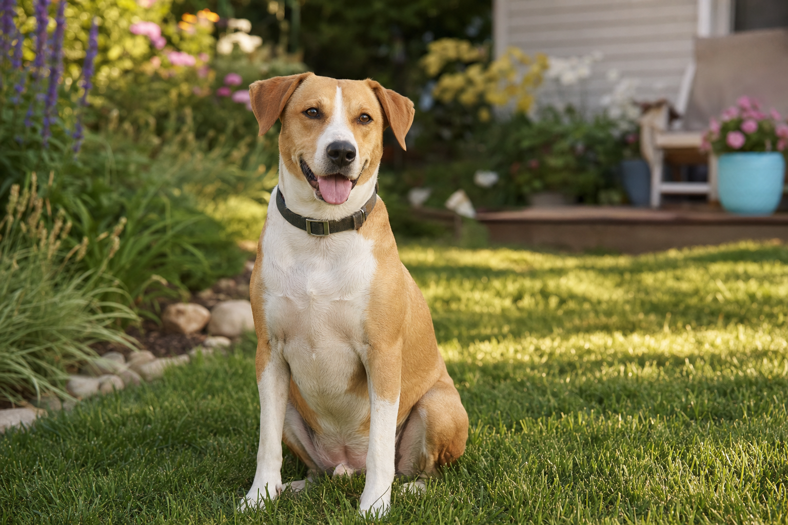 Tan-and-white medium-size dog sitting calmly on grass in a sunlit backyard garden with flowers behind