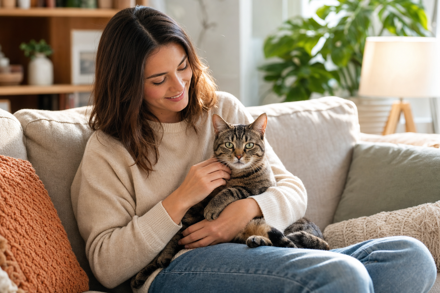 Woman on a sofa smiles while gently petting an adult tabby cat resting on her lap in a sunlit living room