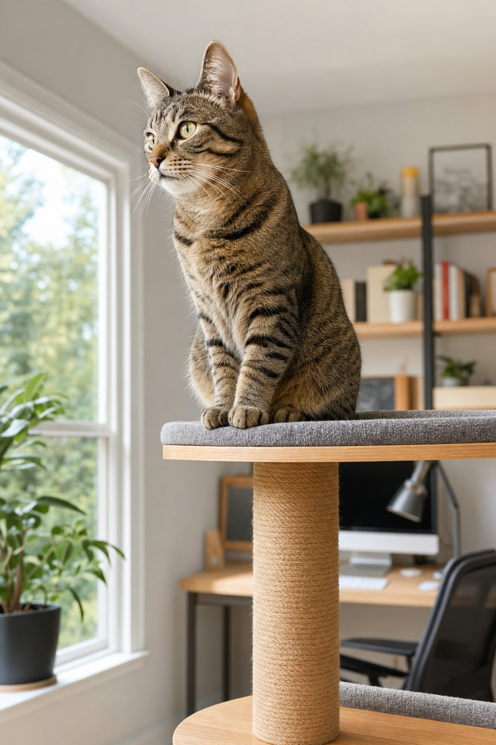 Alert tabby cat perched atop a cat tree in a bright home office with plants and a window view