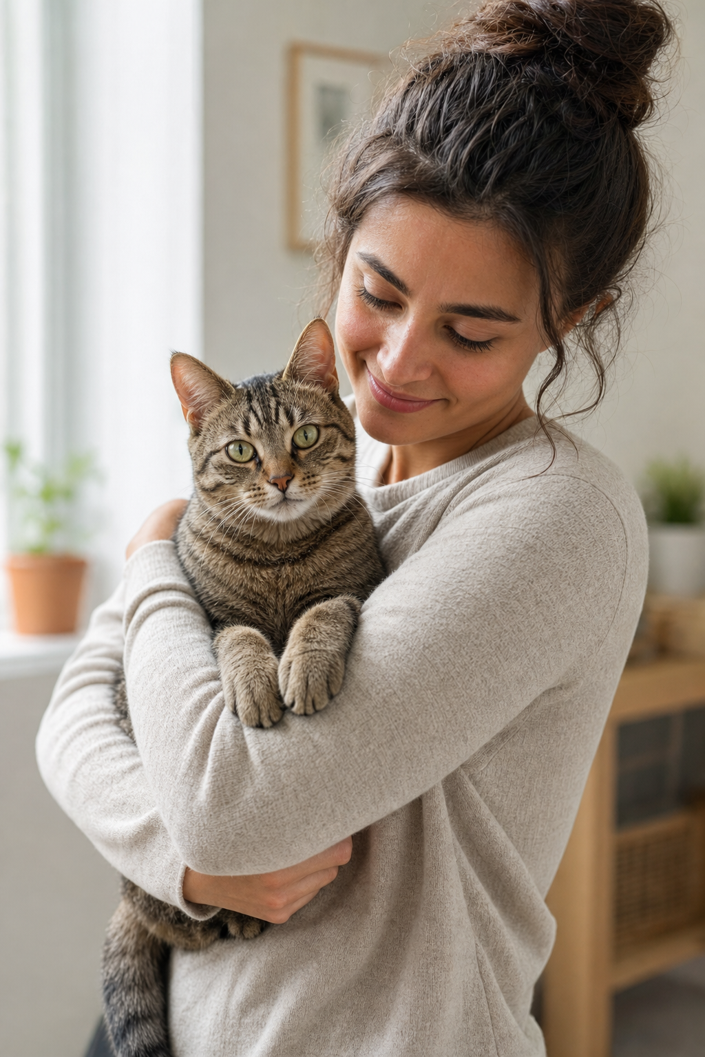Woman smiling gently while holding a calm adult tabby cat in her arms near a sunlit window